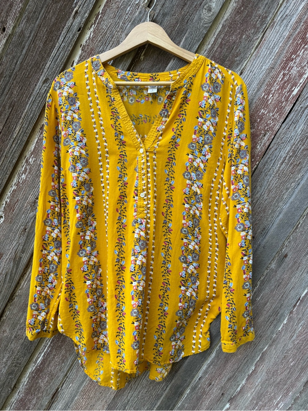 Old Navy 100% Cotton Mustard Floral Boho Tunic Blouse L